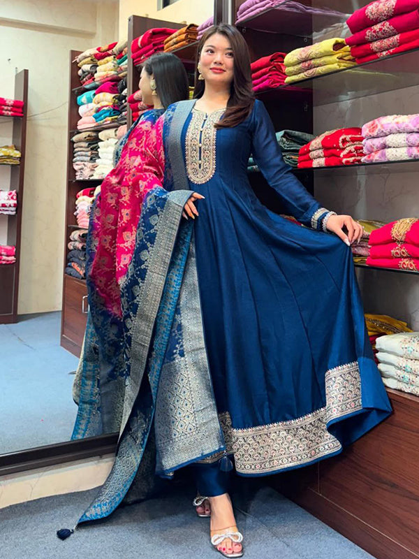 Blue Anarkali Flared Kurti Pant WIth Dupatta