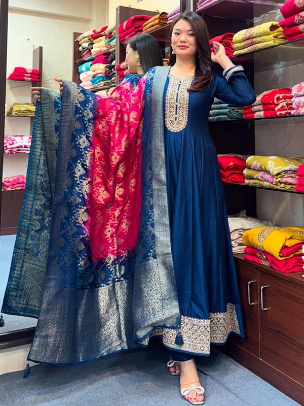 Blue Anarkali Flared Kurti Pant WIth Dupatta