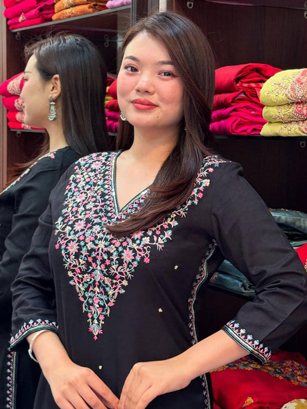 Black Banana Silk Embroidered Neck Kurti Pant Set