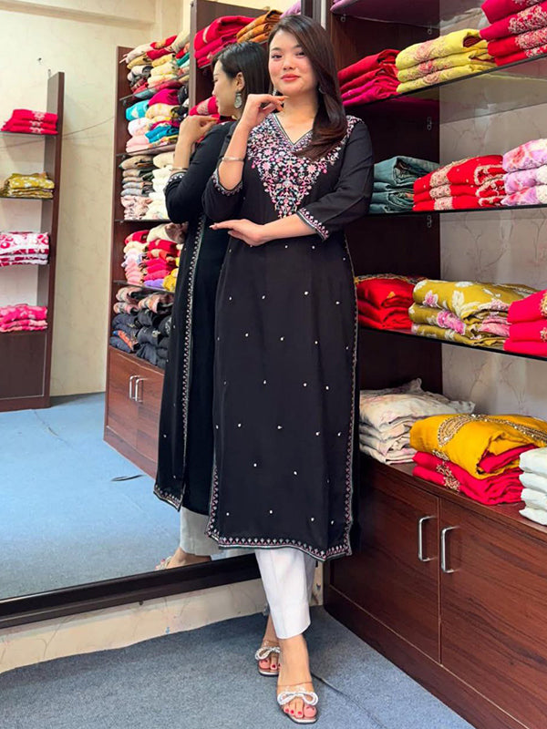 Black Banana Silk Embroidered Neck Kurti Pant Set