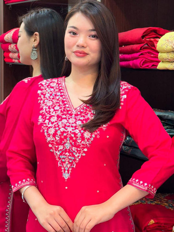 Pink Banana Silk Embroidered Neck Kurti Pant Set