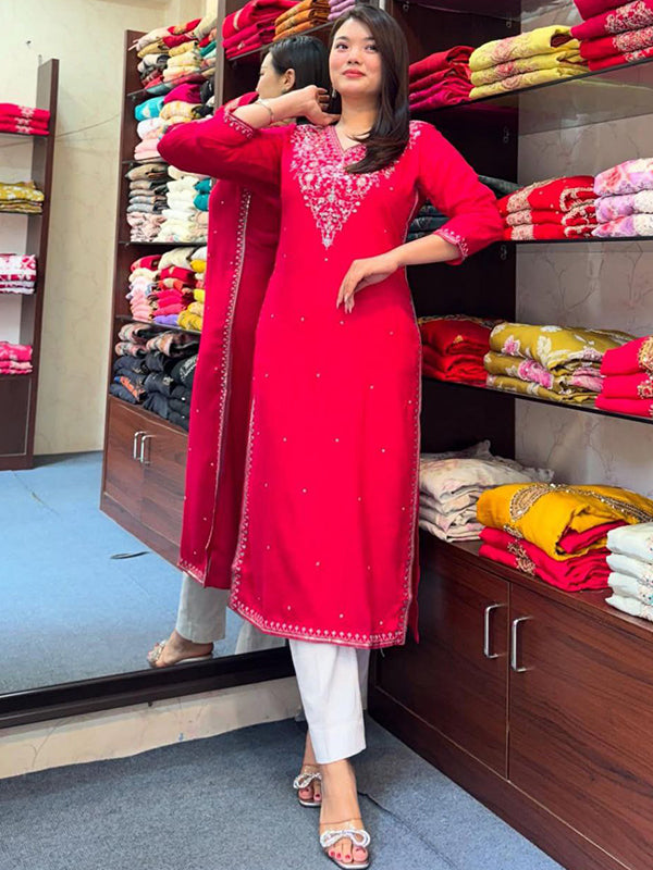 Pink Banana Silk Embroidered Neck Kurti Pant Set