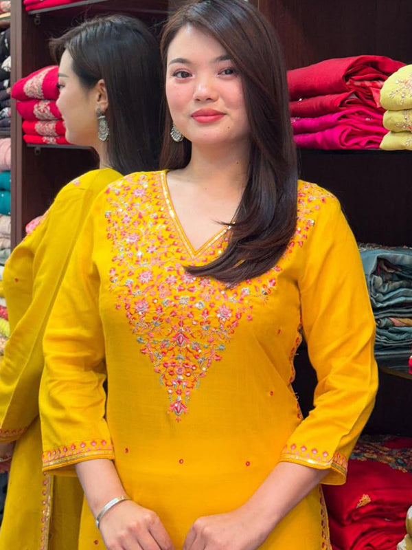 Yellow Banana Silk Embroidered Neck Kurti Pant Set