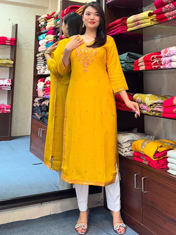 Yellow Banana Silk Embroidered Neck Kurti Pant Set