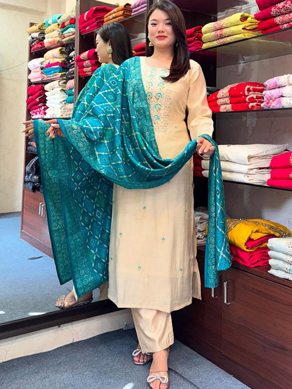 Off White Banana Silk Kurti Pant With Teal Blue Bandhej Dupatta