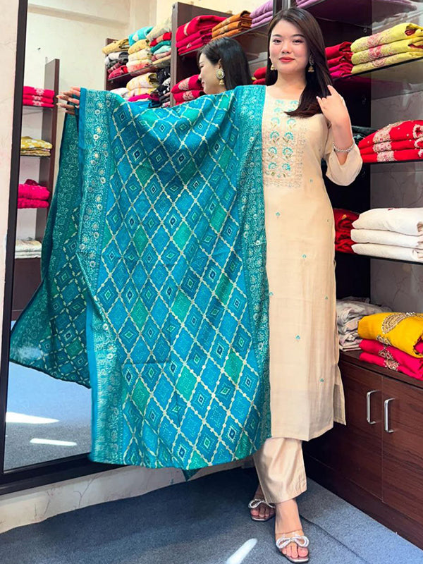 Off White Banana Silk Kurti Pant With Teal Blue Bandhej Dupatta