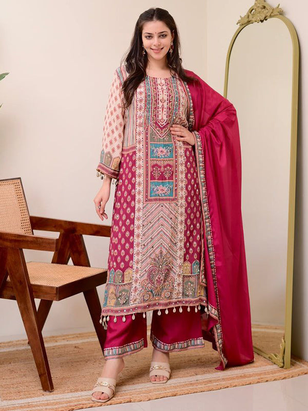 Maroon Printed Chinon Kurti Plazzo With Shiffon Dupatta