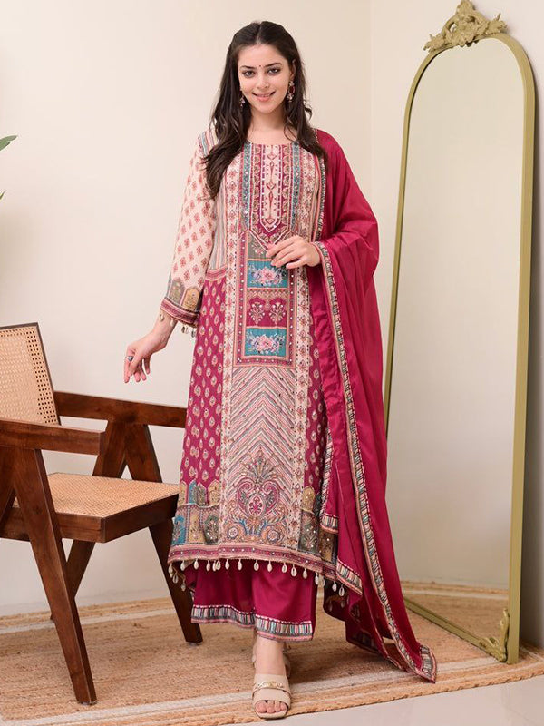 Maroon Printed Chinon Kurti Plazzo With Shiffon Dupatta