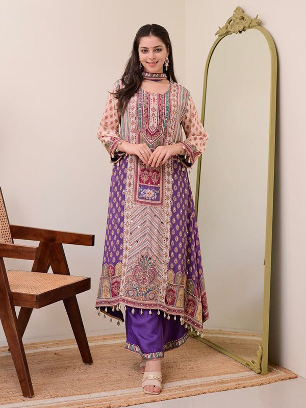 Purple Printed Chinon Kurti Plazzo With Shiffon Dupatta