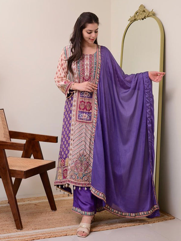 Purple Printed Chinon Kurti Plazzo With Shiffon Dupatta