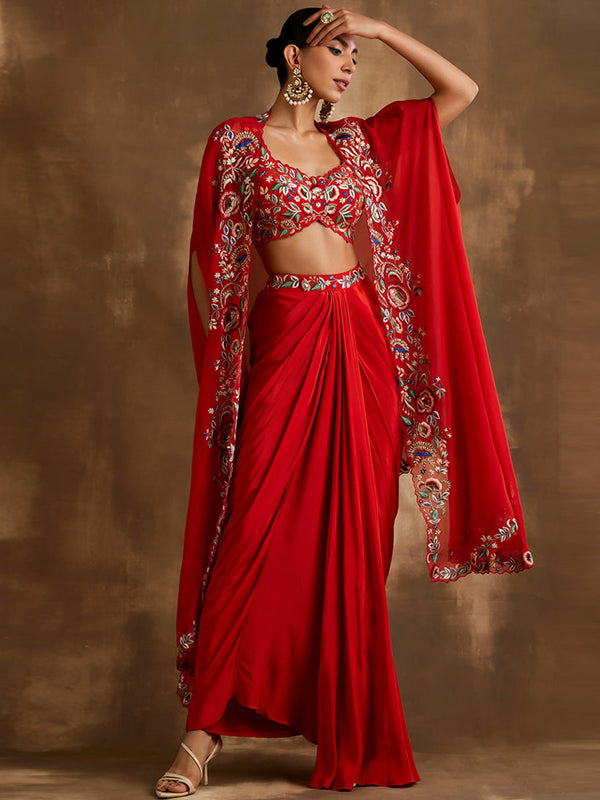 Red Draped Skirt With Embroidered Crop Top & Cape
