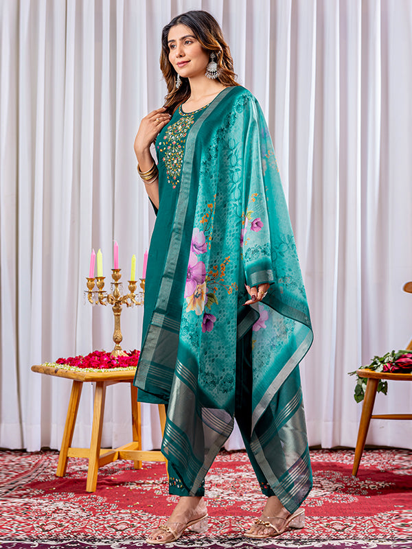 Green Viscose Silk Straight Kurti Pant & Dupatta Set