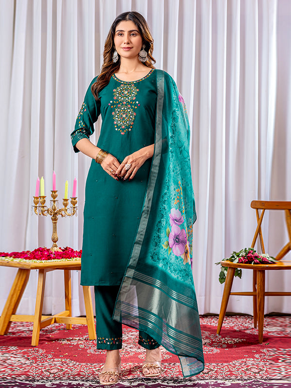 Green Viscose Silk Straight Kurti Pant & Dupatta Set