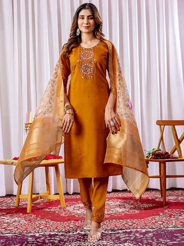 Mustard Viscose Silk Straight Kurti Pant & Dupatta Set