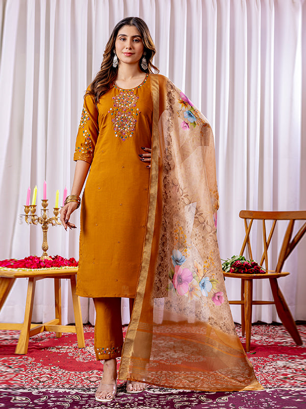 Mustard Viscose Silk Straight Kurti Pant & Dupatta Set