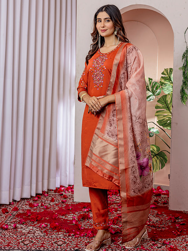 Orange Viscose Silk Straight Kurti Pant & Dupatta Set