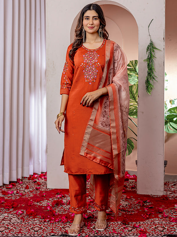 Orange Viscose Silk Straight Kurti Pant & Dupatta Set