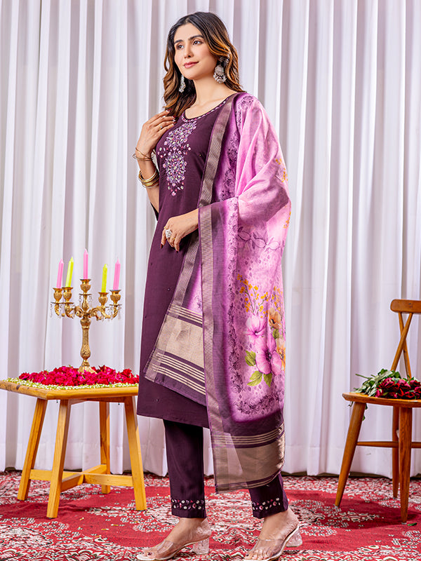Wine Viscose Silk Straight Kurti Pant & Dupatta Set