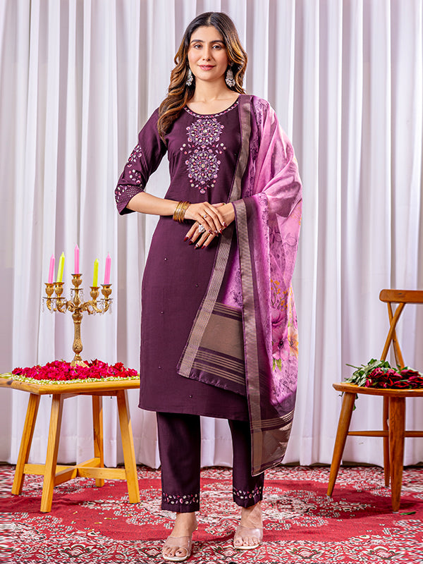Wine Viscose Silk Straight Kurti Pant & Dupatta Set