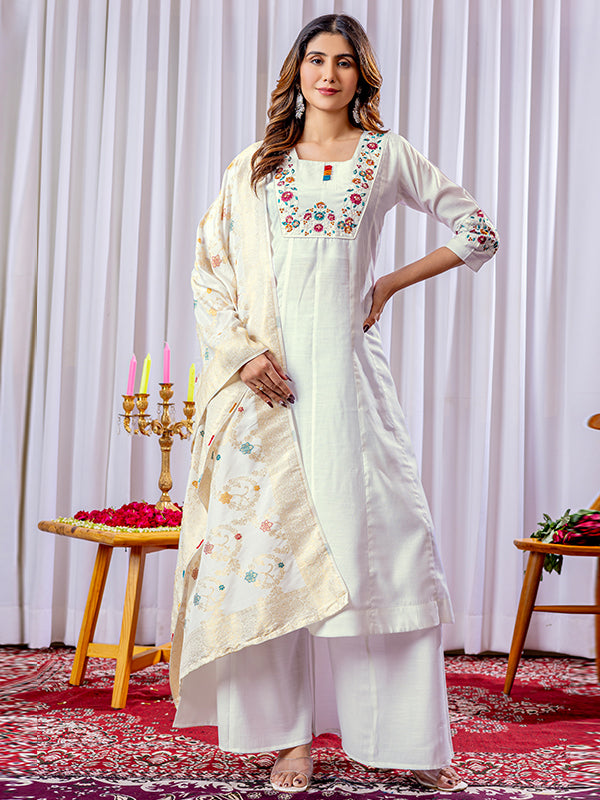 Off White Mango Silk Plazzo Kurti WIth Dupatta