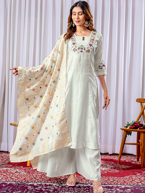 Off White Mango Silk Plazzo Kurti WIth Dupatta