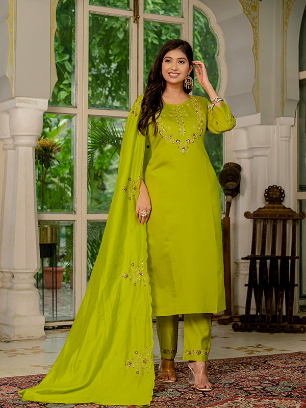 Parrot Green Marina Silk Straight Kurti Pant & Dupatta Set