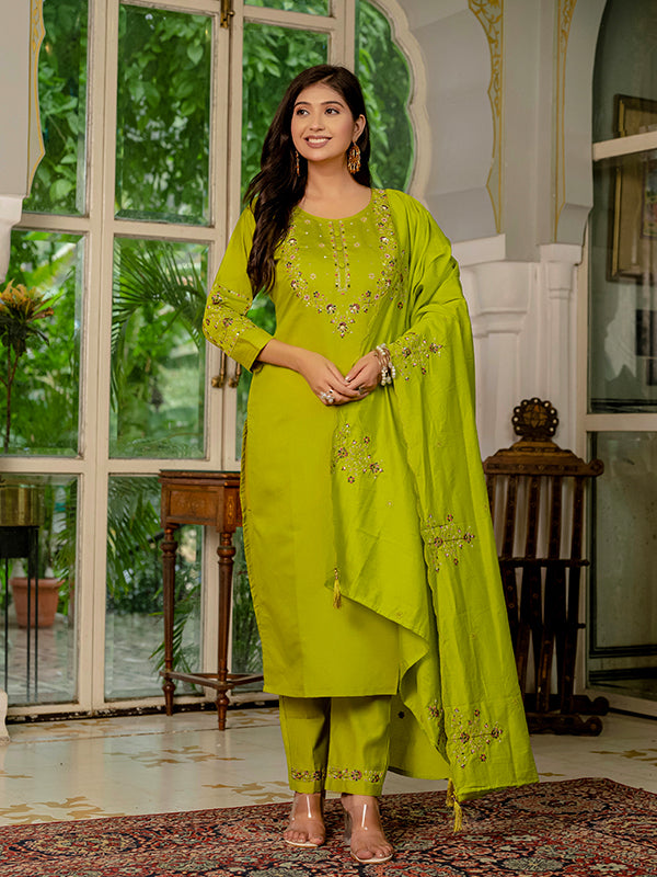 Parrot Green Marina Silk Straight Kurti Pant & Dupatta Set
