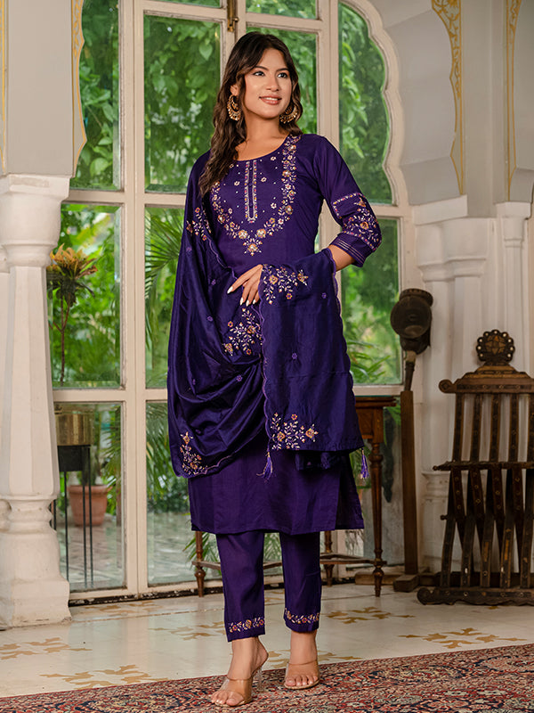Violet Marina Silk Straight Kurti Pant & Dupatta Set
