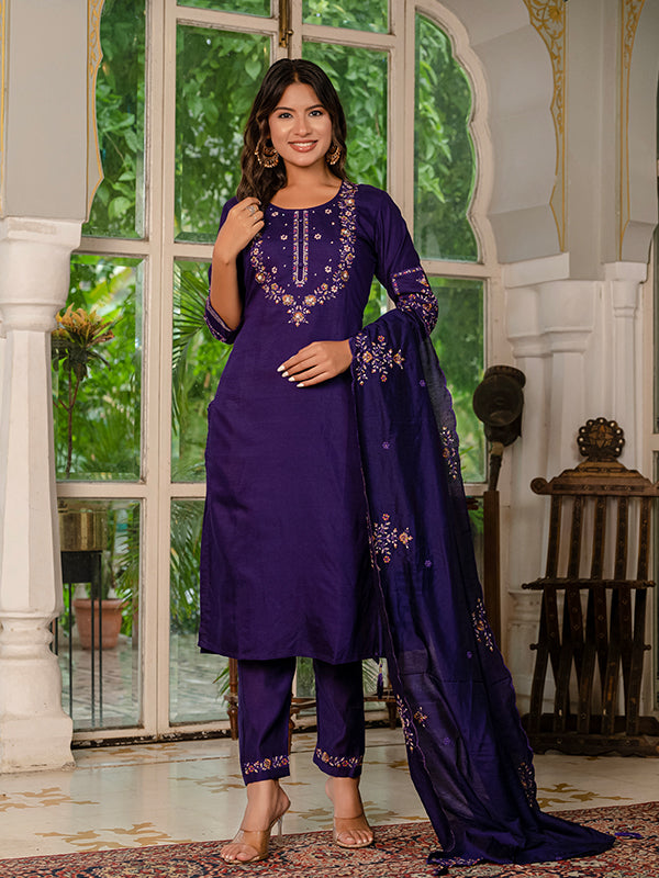 Violet Marina Silk Straight Kurti Pant & Dupatta Set
