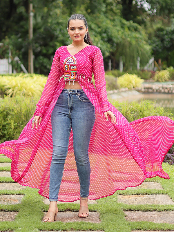 Pink Laheriya Print With Kutchi Patchwork Front Open Long Kurti