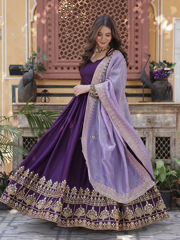 Purple Georgette Embroidery Zari Sequins Work Gown With Dupatta