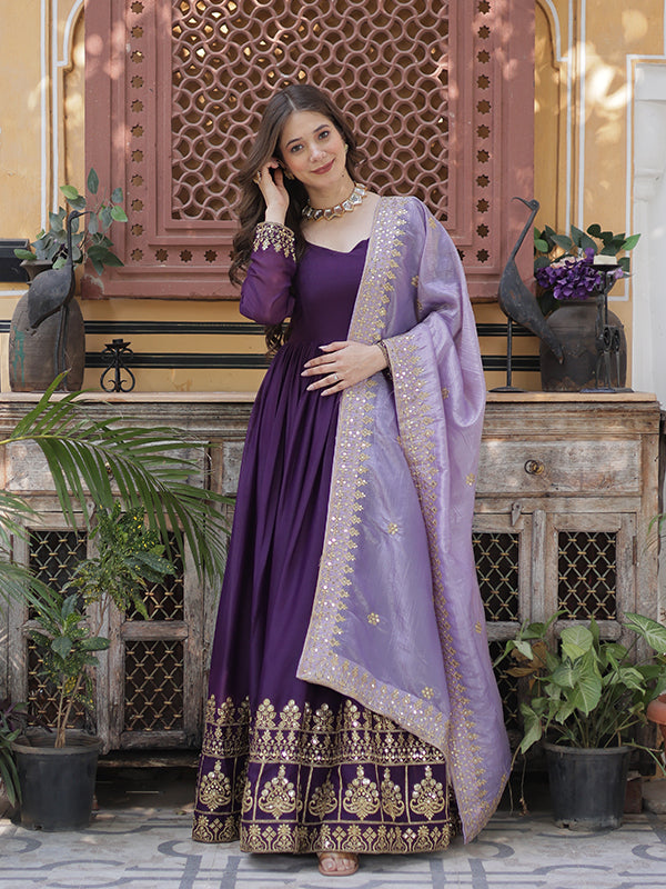 Purple Georgette Embroidery Zari Sequins Work Gown With Dupatta