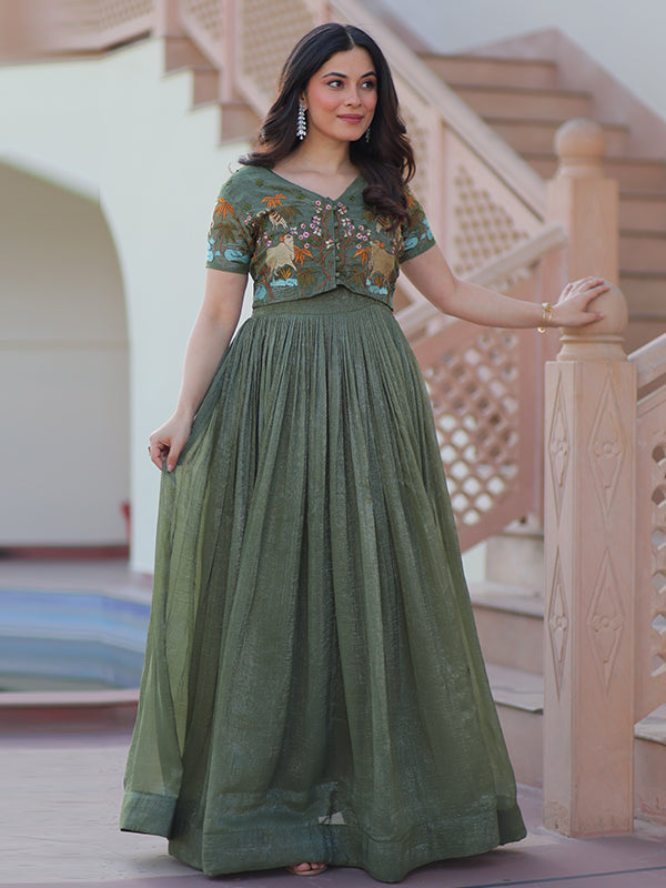 Olive Green Embroidery Work Koti With Sleeveless Gown