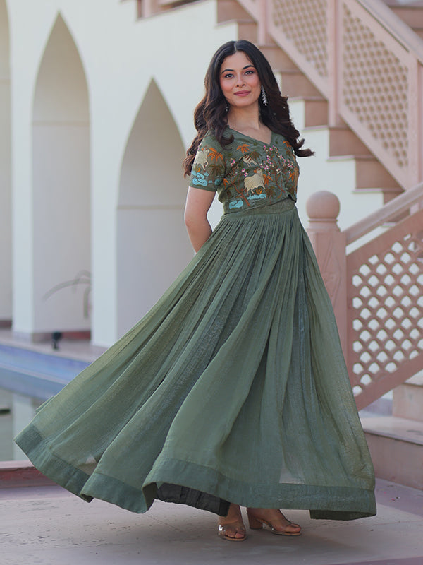 Olive Green Embroidery Work Koti With Sleeveless Gown
