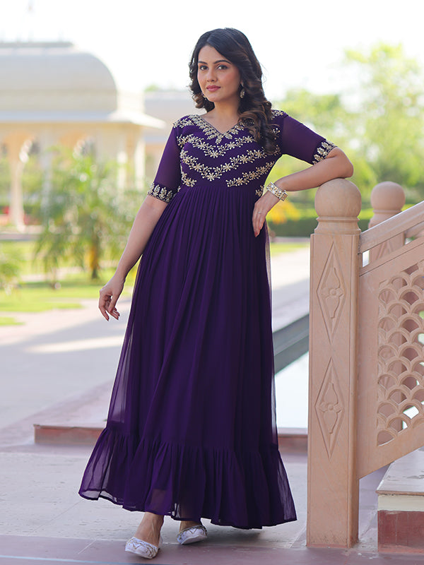 Purple Sequins Multithreaded Beads Work Georgette Gown