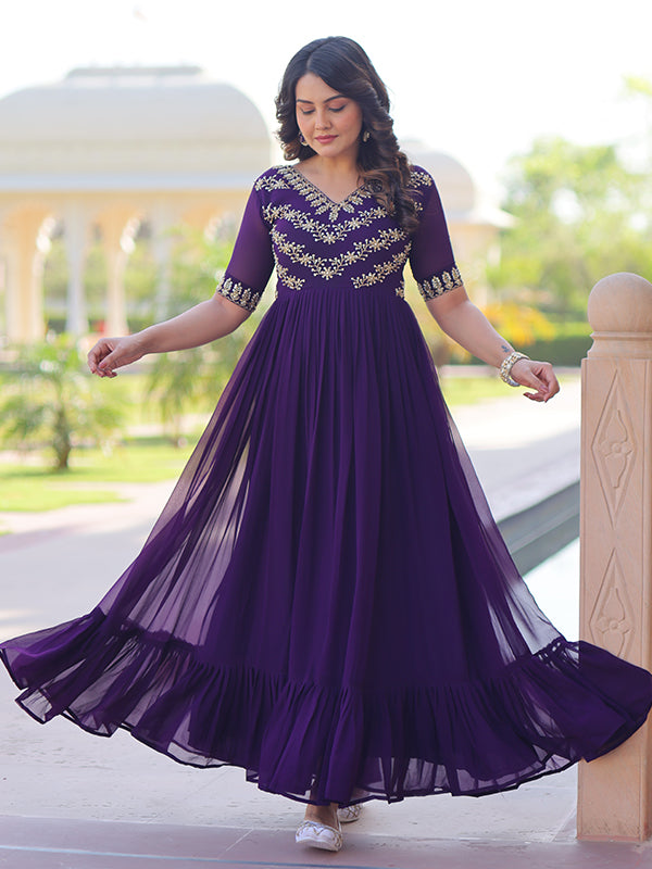 Purple Sequins Multithreaded Beads Work Georgette Gown