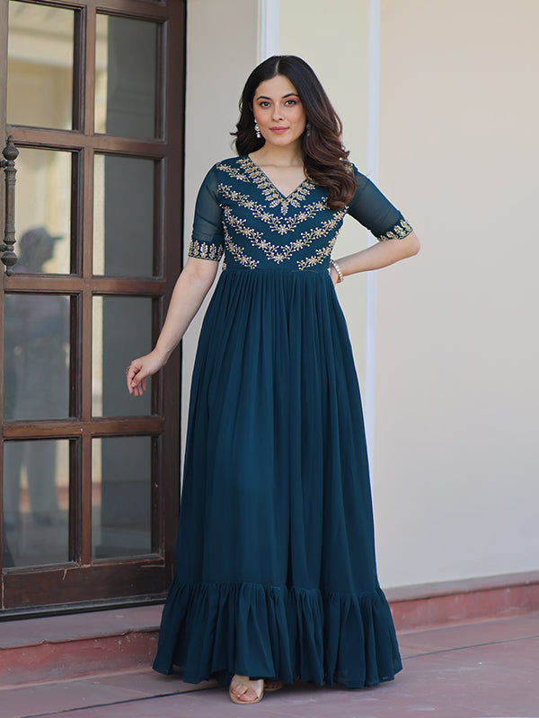 Rama Blue Sequins Multithreaded Beads Work Georgette Gown