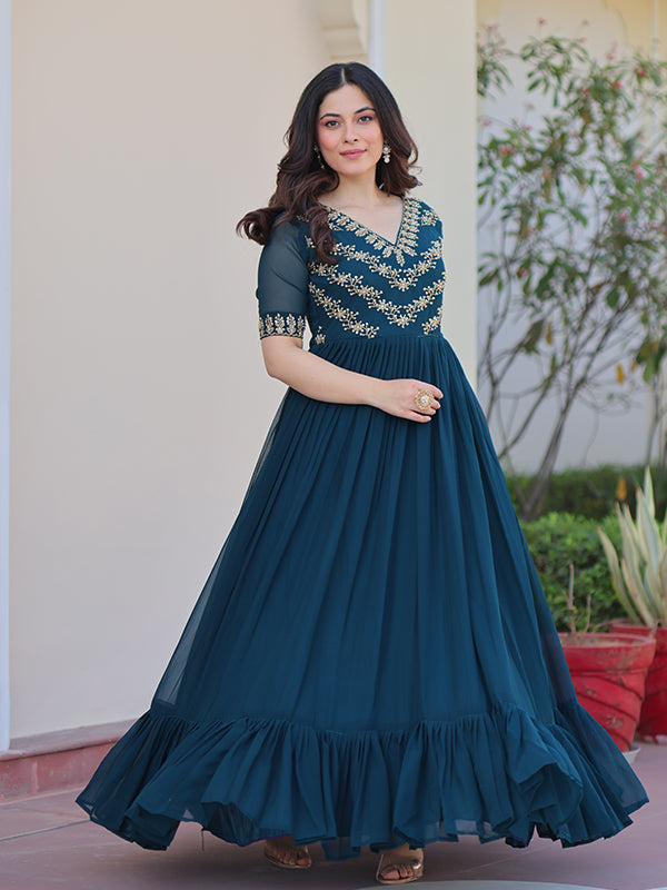 Rama Blue Sequins Multithreaded Beads Work Georgette Gown