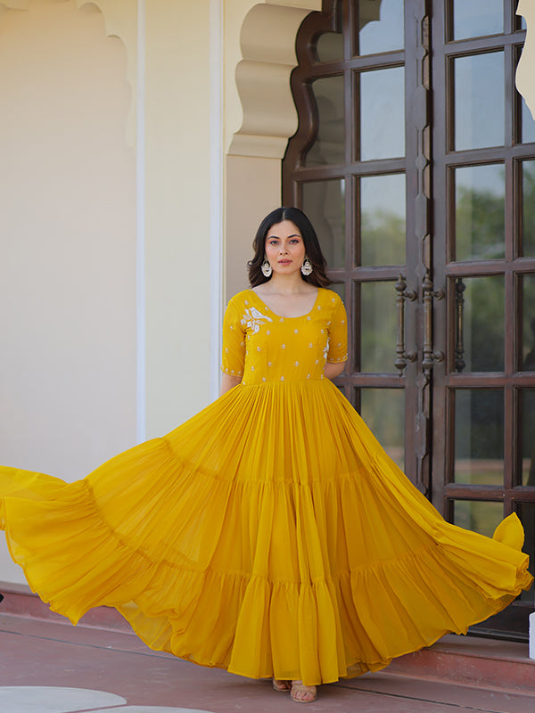 Yellow Faux Blooming Beads Embroidery Work Gown