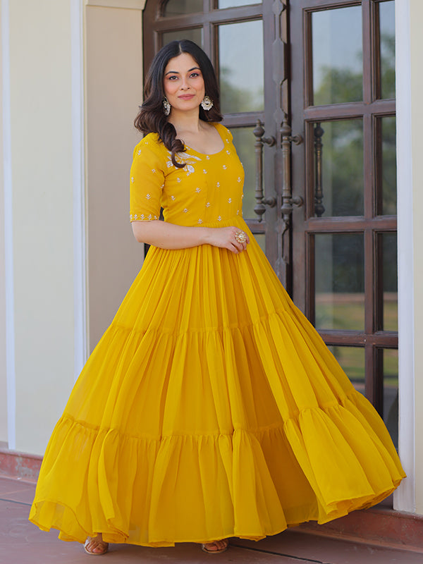 Yellow Faux Blooming Beads Embroidery Work Gown