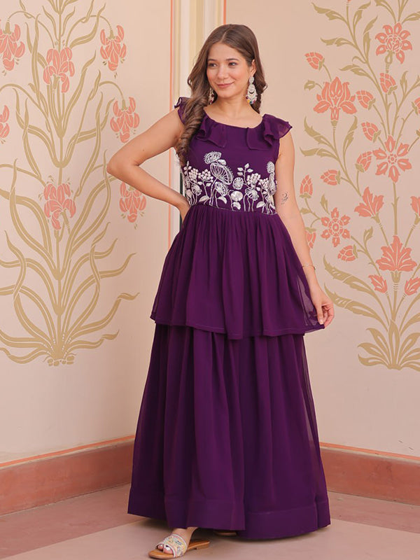 Purple Style Wine Faux Bloomimg Gown With Beads Embroidered Work