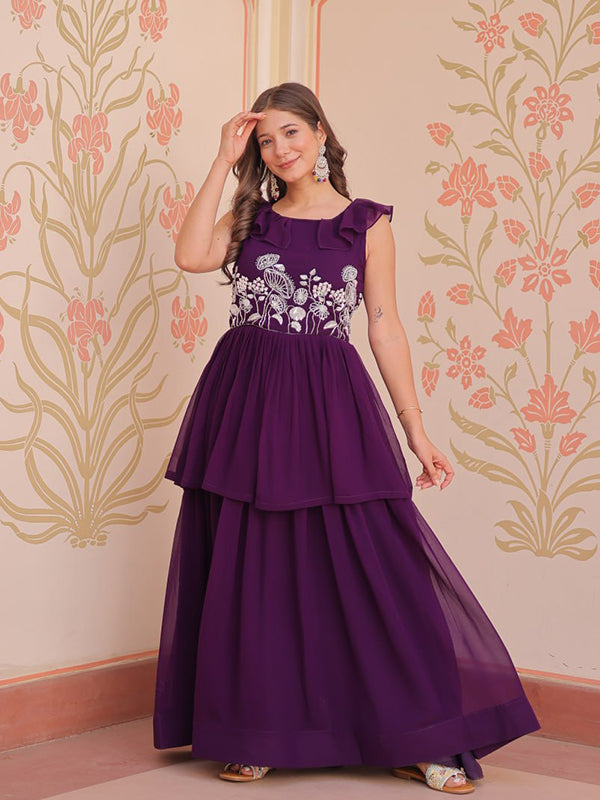 Purple Style Wine Faux Bloomimg Gown With Beads Embroidered Work