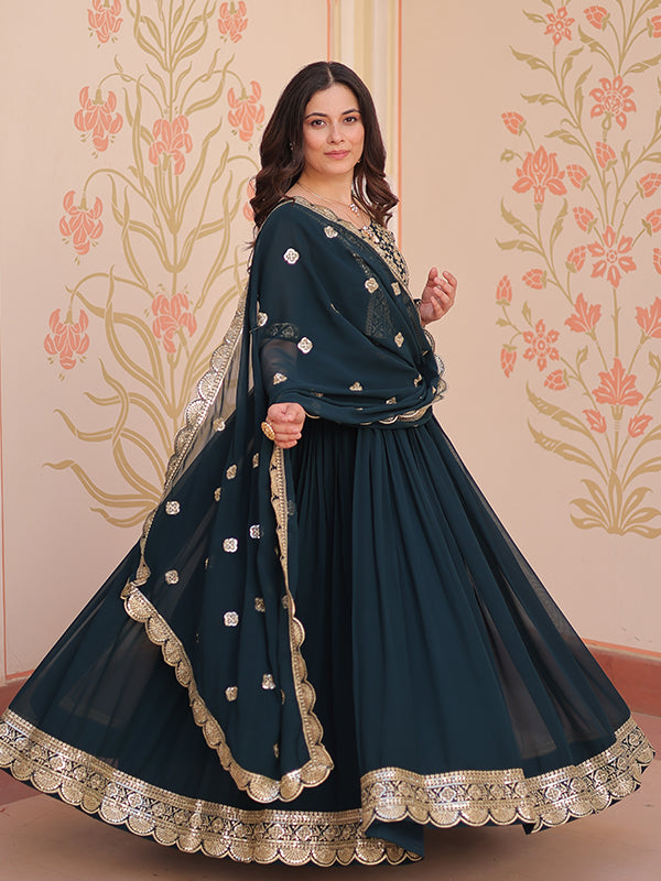 Rama Embroidery Zari Sequins Work Georgette Gown With Dupatta