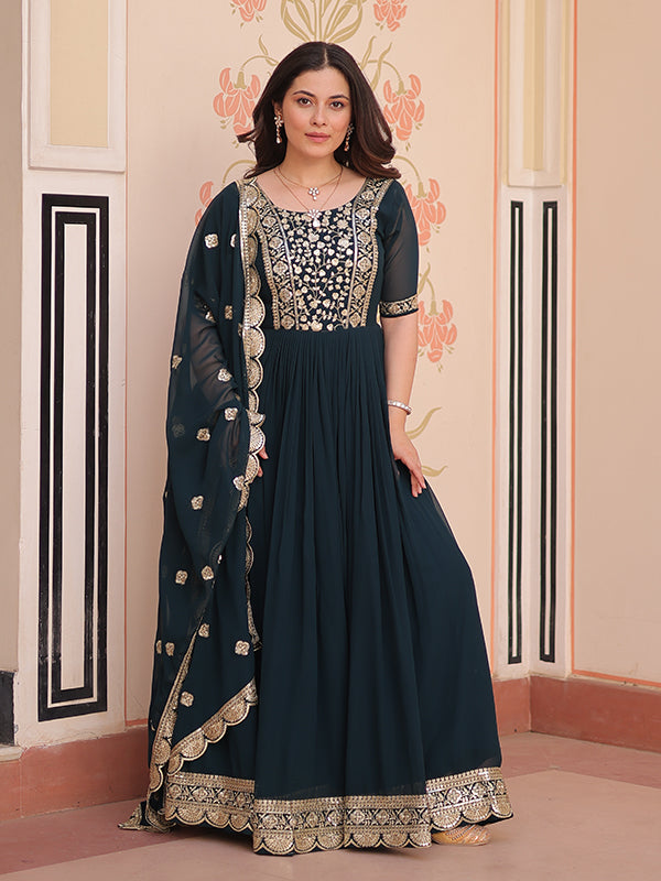 Rama Embroidery Zari Sequins Work Georgette Gown With Dupatta