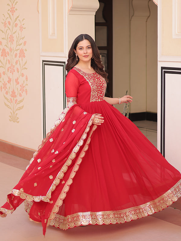 Red Embroidery Zari Sequins Work Georgette Gown With Dupatta