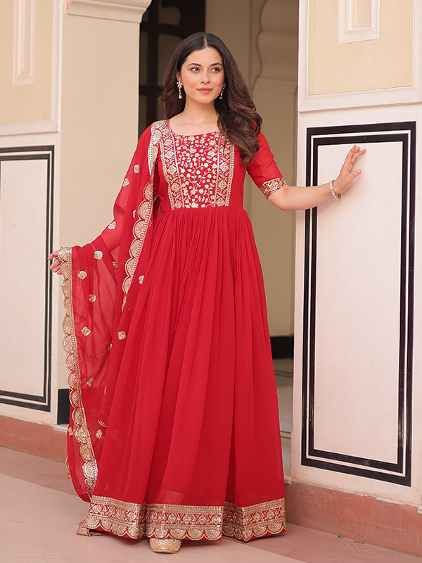 Red Embroidery Zari Sequins Work Georgette Gown With Dupatta