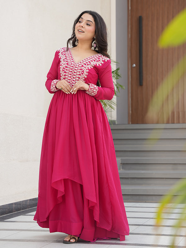 Pink Embroidery Beads Sequins Work Georgette Gown