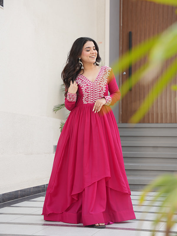 Pink Embroidery Beads Sequins Work Georgette Gown