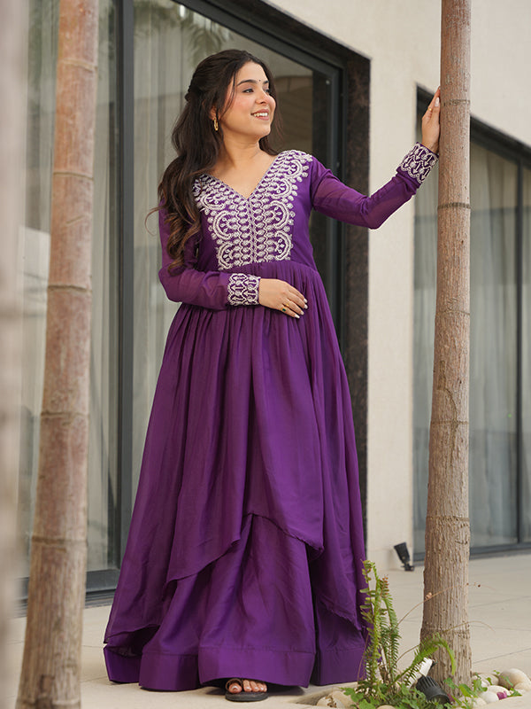Purple Embroidery Beads Sequins Work Georgette Gown