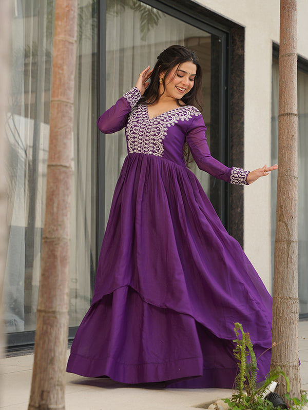 Purple Embroidery Beads Sequins Work Georgette Gown